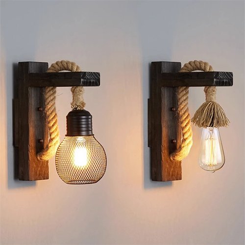 The Cabin Glow – Handmade Rustic Wooden Rope Wall Lamp for Bedroom & Living Room