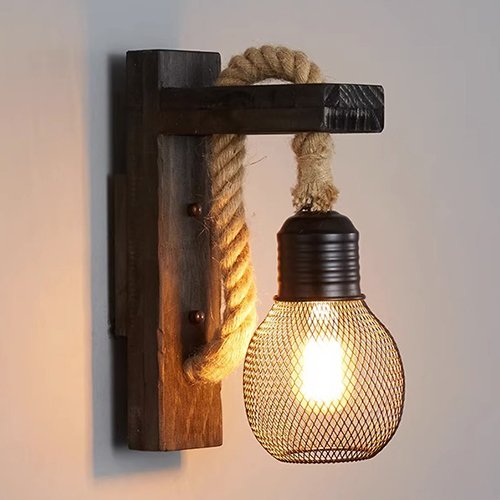 zhutu The Cabin Glow – Handmade Rustic Wooden Rope Wall Lamp for Bedroom & Living Room